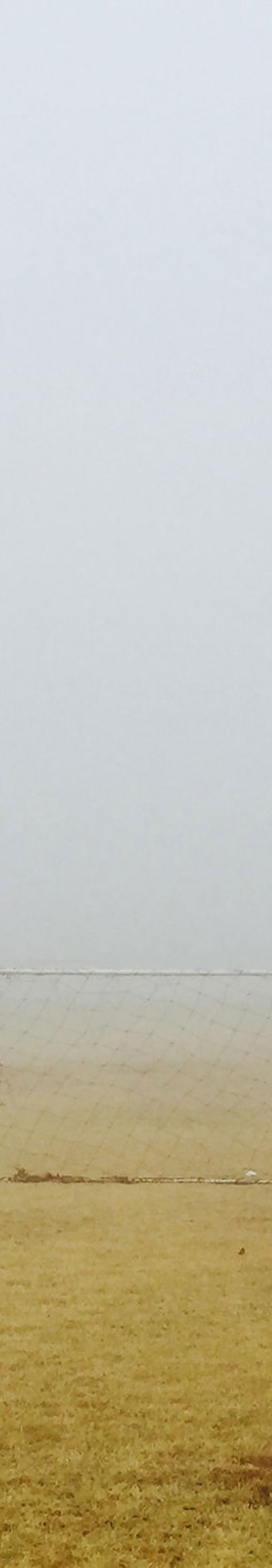 A foggy field with a single soccer goal in the center.